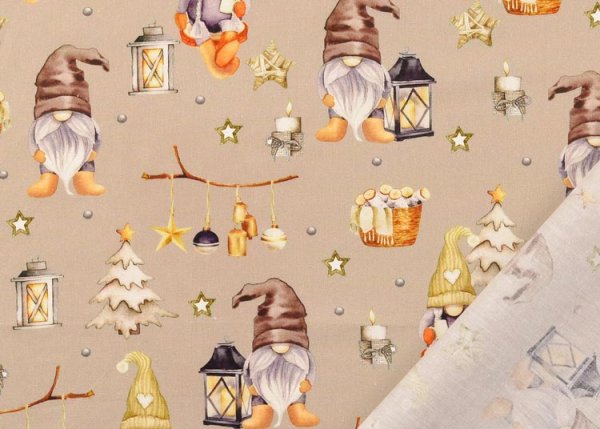 Elves and lanterns cotton fabric with christmas elves sandy
